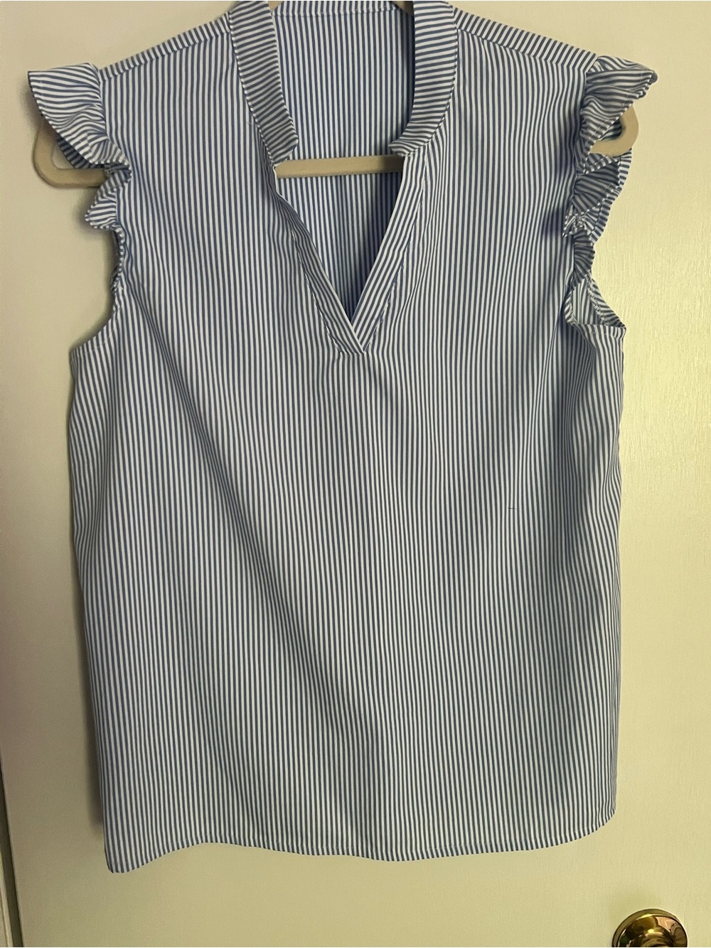 Sleeveless Blue & White Pinstripe Ruffle Shoulder Top